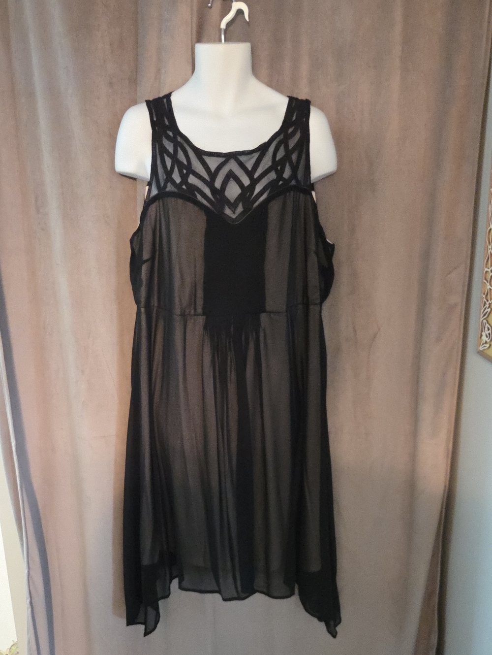 Size 22 Black Sleeveless Sheer Overlay Dress with Decorative Yoke